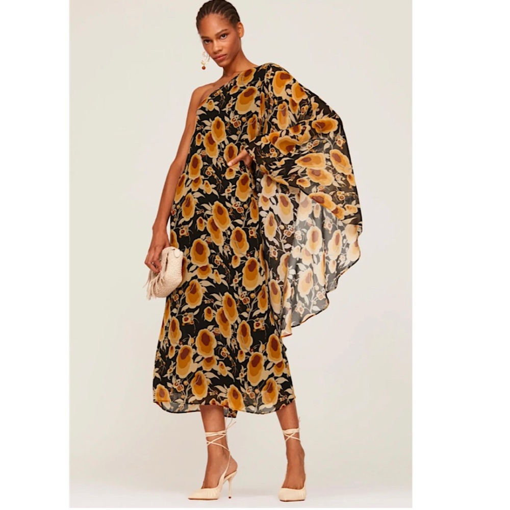 RIXO Black and Yellow One Shoulder Dress